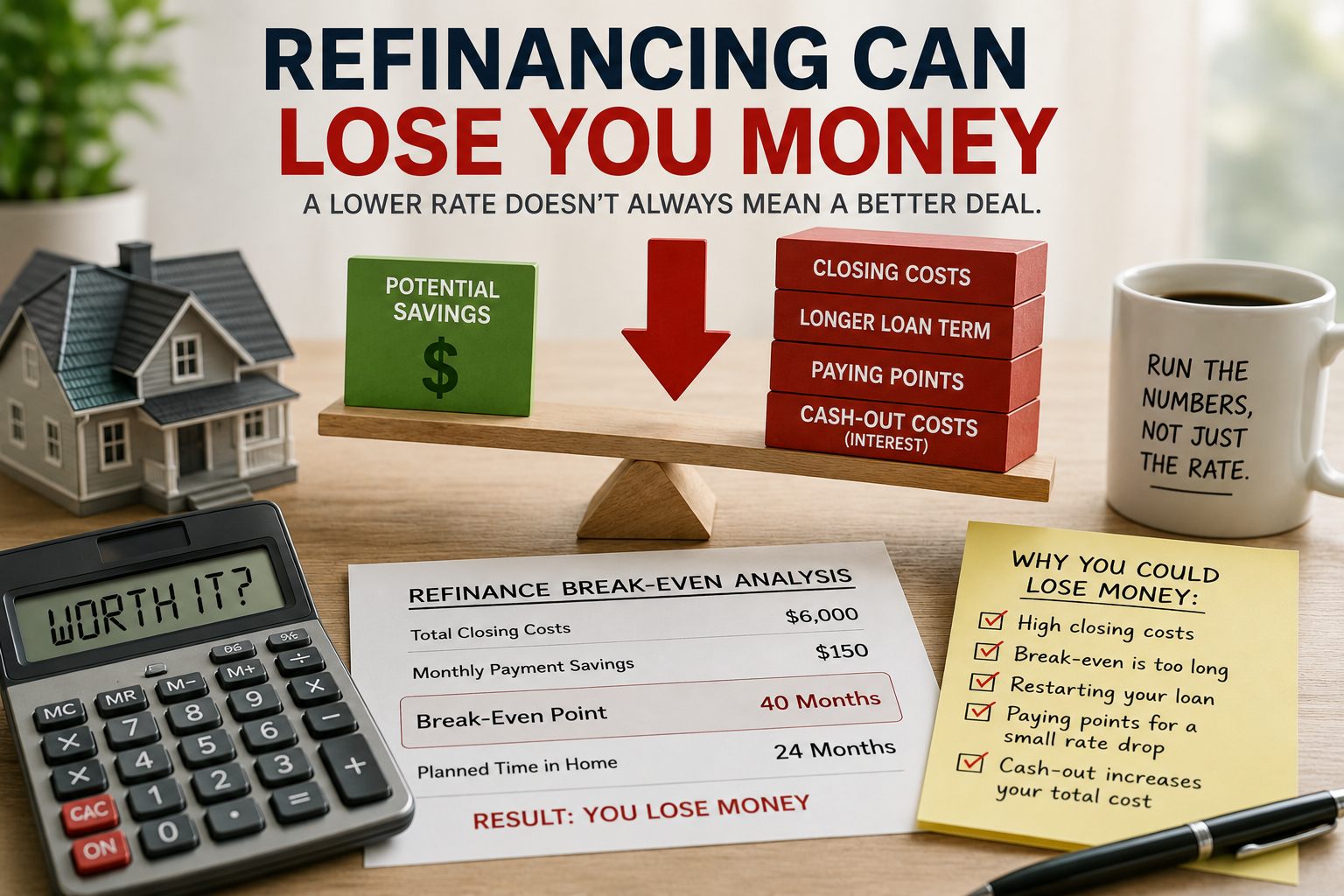 Homeowner comparing refinance savings against closing costs and total loan cost