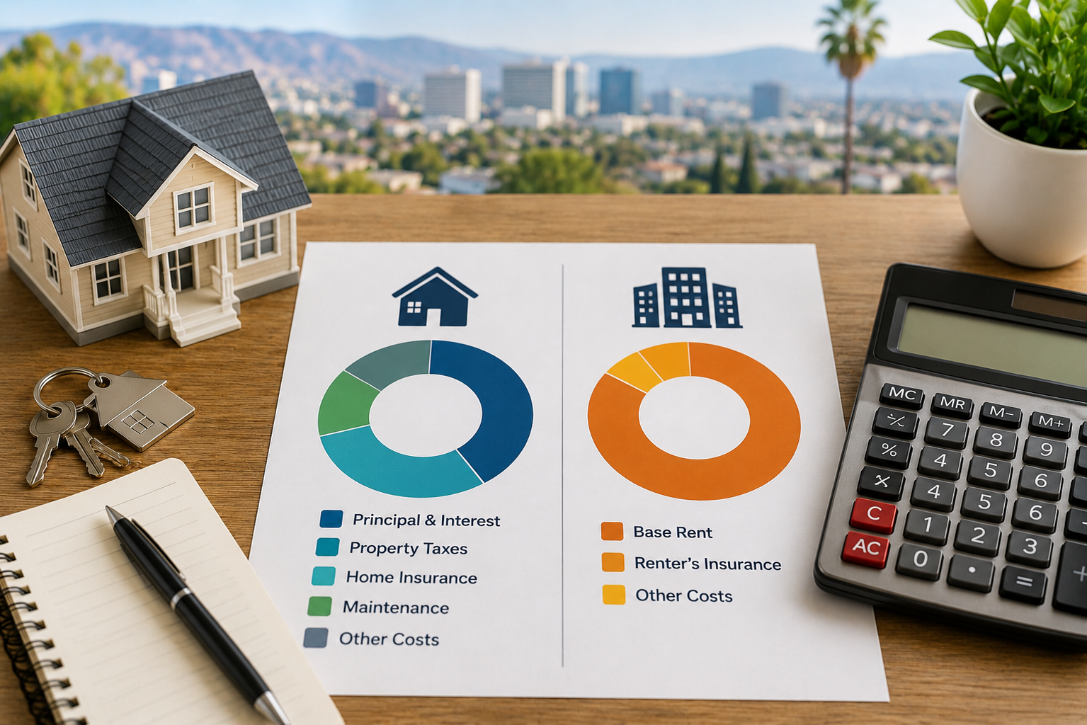 San Jose rent versus buy monthly cost breakdown showing mortgage, taxes, insurance, maintenance, and rent comparison