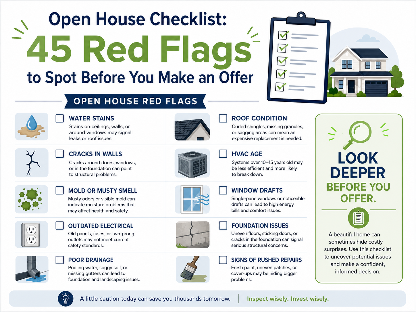 Buyer spotting open house red flags including water damage, old systems, HOA risk, and layout issues