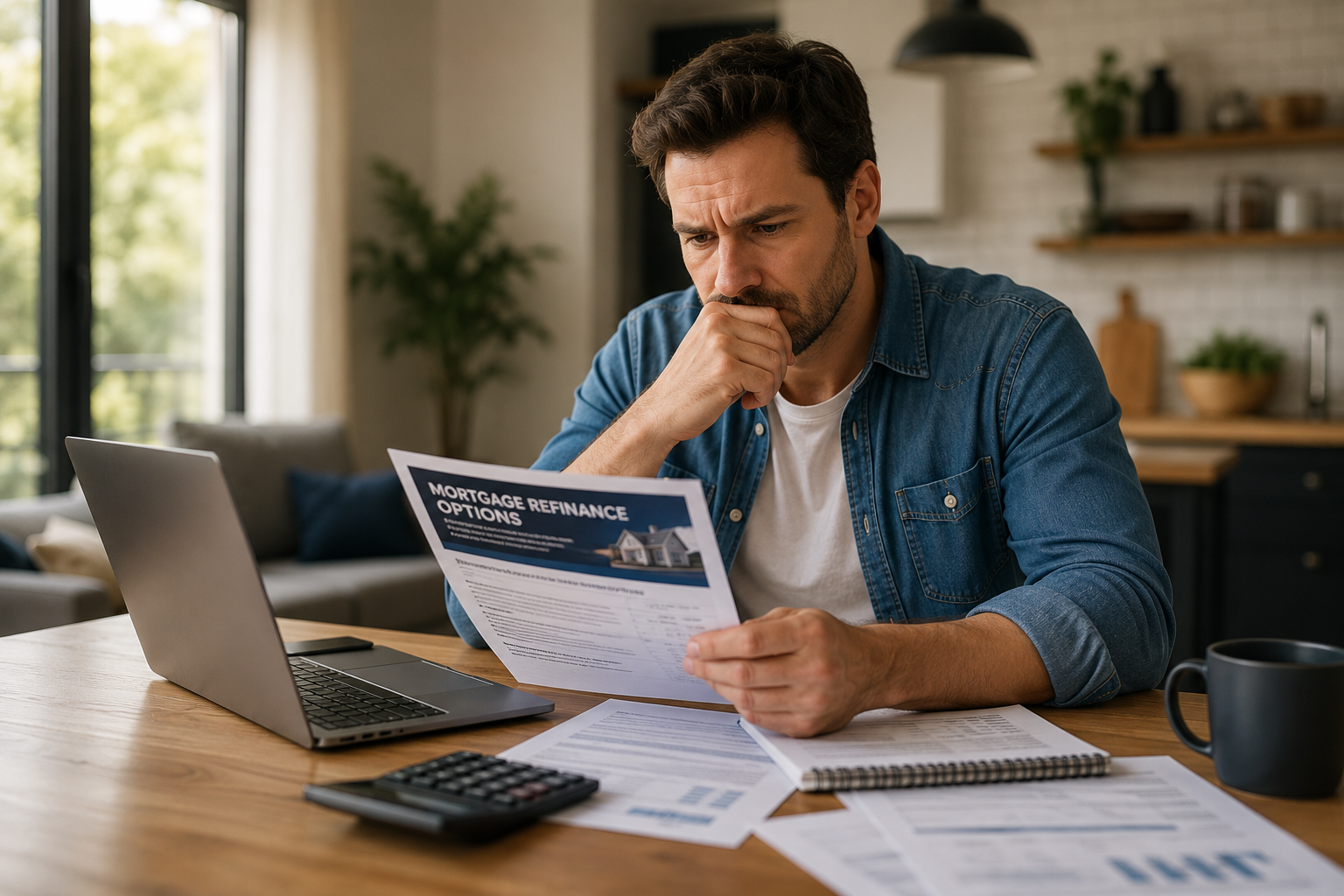 Homeowner reviewing mortgage refinance options at home